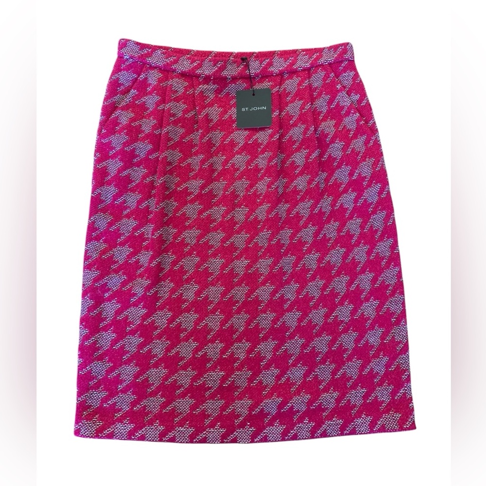 St. John Knit Pink Metallic Wool Blend Houndstooth Pull-on Skirt pink 12 NWT new
